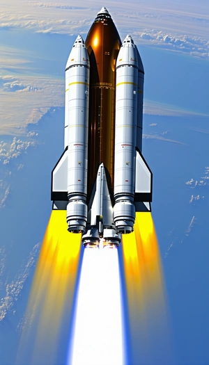 A Space Shuttle Is Shown In A Close-up View, With Its Booster Rockets Still Attached