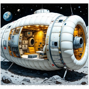 The Image Is A Painting Of A Space Station, Which Is A Large, White, And Round Structure