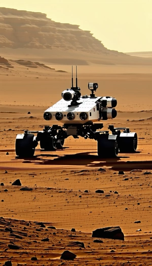 A White Robot Is Standing On A Dirt Road In A Desert