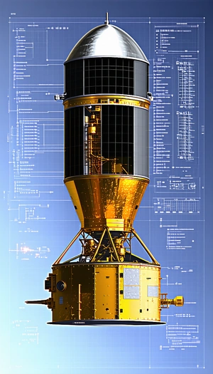 A Yellow And Black Spacecraft Is Shown In A Blue Background