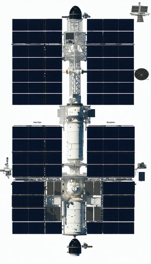 The Image Is A Detailed Drawing Of A Space Station, Showcasing Its Various Components