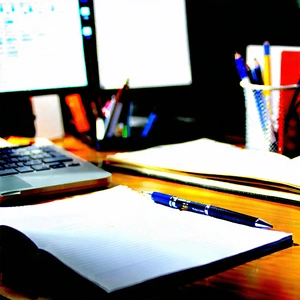 Business Long Exposure Photography: Workplace with notebooks and pens on desk