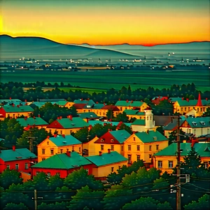 Urban Digital Illustration: Cityscape Of Small Town During Sunset With Painting City