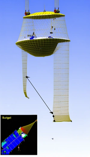 A Large, Round, Yellow Object Is Suspended In The Air, With A Long String Attached To It