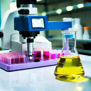 Tech Pastel Drawing: Healthcare Technology In Modern Laboratory With Yellow Liquid