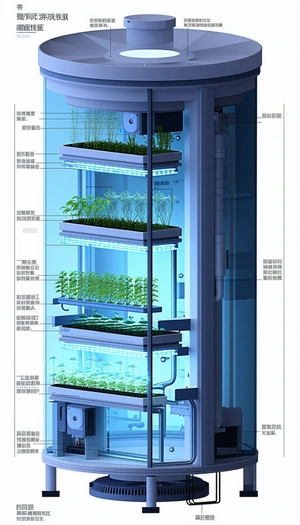A Large, Blue, And White Machine With A Series Of Shelves Inside