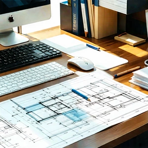 Business Blueprint Style: Workplace with productivity tools on desk