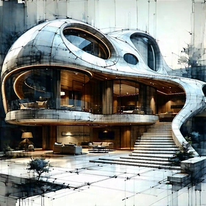 Tech Ink Drawing: Futuristic Smart Home With Drawing Large,