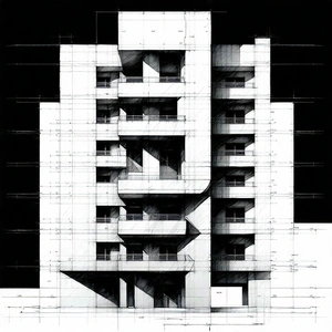 Urban Charcoal Drawing: (modern:1.26) Apartment Complex With Artistic Facade With Black White