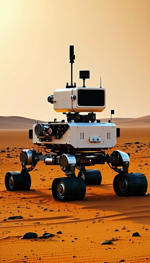 A White Robot With A Large Camera On Its Front, Standing On A Dirt Surface