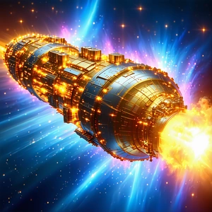 A Futuristic Spacecraft With A Blue And Gold Color Scheme