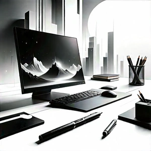 Tech Charcoal Drawing: Futuristic (digital:1.21) workspace