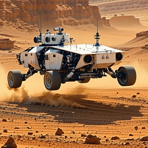 A White Robotic Vehicle Is Driving On A Dirt Road, Kicking Up Dust As It Moves