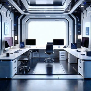 Tech Tilt-Shift Photography: (futuristic:1.36) tech startup office