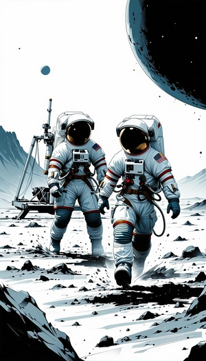 In The Image, There Are Two Astronauts Walking On A Rocky Surface, Possibly On The Moon