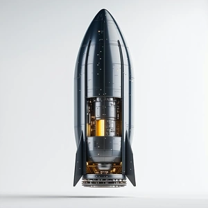 A Large, Sleek Rocket Ship With A Silver And Black Color Scheme