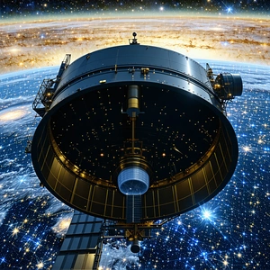 A Large Satellite Dish With A Black Dome On Top, Located In The Middle Of The Scene