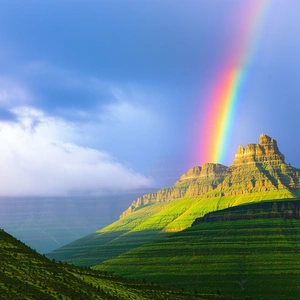 Nature Architectural Photography: Rainbow Over Mountain Peak With Beautiful Rainbow,