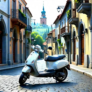 Urban 3d Render: (city:1.23) Electric Scooter In Historic Quarter With White Motor