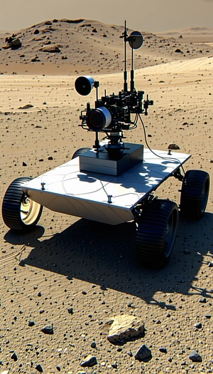 A White Robot Is Sitting On A Dirt Surface