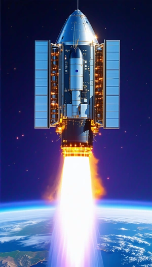A Space Shuttle Launching Into The Sky, With A Bright Trail Of Smoke Following It