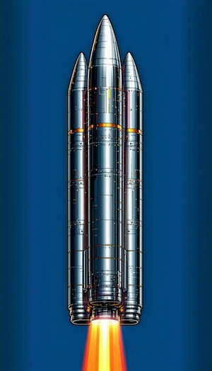 A Large Rocket Is Shown In A Blue Background