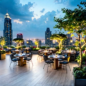Urban Long Exposure Photography: Rooftop Garden With Outdoor Dining With Large City
