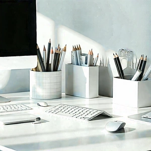 Business Geometric Design: Workplace With Modern Office Supplies On Desk With White Desk