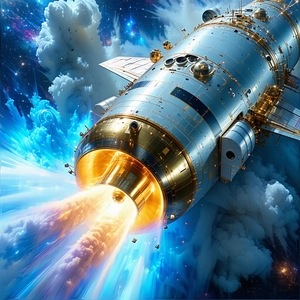 A Spaceship Is Shown In A Painting, Flying Through The Sky