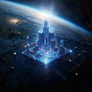 Blockchain Network Visualization With Futuristic Cityscape