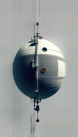 A Large White Sphere Is Suspended In The Air, With A Metal Structure Attached To It