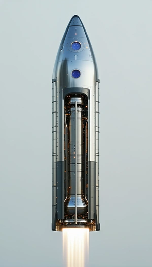 A Large Silver Rocket Ship Is Shown In A Close-up View