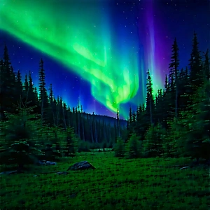 Nature Octane Render: Northern Lights Over Forest Clearing With Beautiful Night