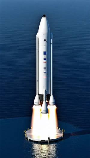 A White Space Shuttle On A Blue Ocean, With A Rocket Booster Attached To The Bottom Of The Shuttle