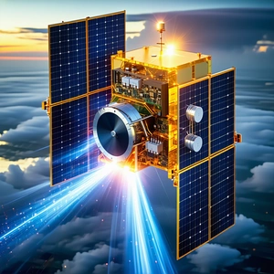A Spacecraft With A Large Dish Antenna On Its Side