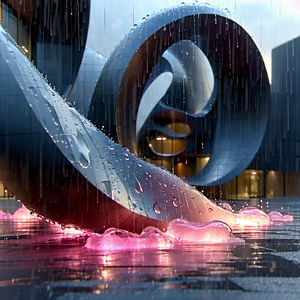 Urban Octane Render: Modern Sculpture With Rain-slicked Streets With Large, Modern