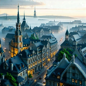 Urban Voxel Art: Cityscape of historic city center during foggy morning