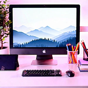 Business Landscape Photography: Workplace With (digital:1.34) (devices:1.17) On Desk With Desk Computer