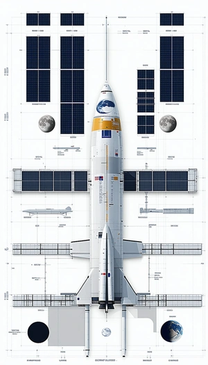 A Space Shuttle Is Shown In A Diagram, With A Moon And A Space Station In The Background