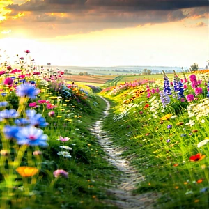 Nature Tilt-shift Photography: Path Through Flowering Meadow With Beautiful, Colorful