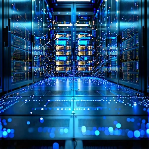Server Rack With Digital Particles With Blue White