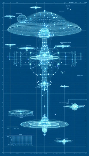 A Blue And White Drawing Of A Space Station Is Displayed