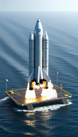 A Large Space Shuttle On A Platform In The Ocean