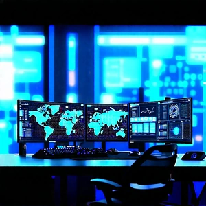 Futuristic Digital Workspace With Computer Desk