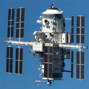 A Large Spacecraft Is Flying Through The Sky, With A Satellite Dish On The Side