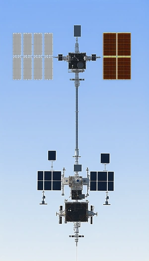 A Large Satellite Is Suspended In The Air, With A Smaller Satellite Attached To It