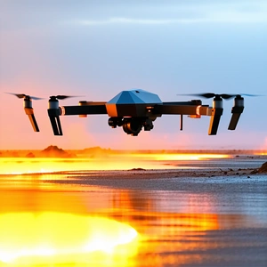 A Large Drone Is Flying Over A Beach At Sunset