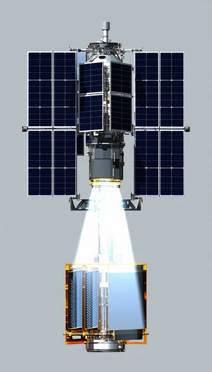 A Space Station Is Shown In A Close-up View, With A Bright Light Shining On It