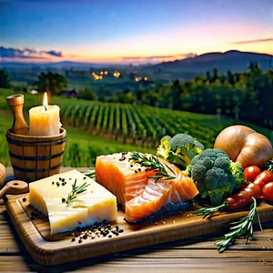 Lifestyle Landscape Photography: Farm-to-table Meal Prepared With Artistic Presentation With Wooden Table