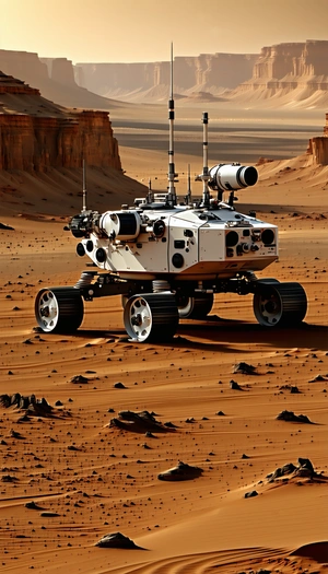 A White Robot Is Sitting On A Dirt Road In A Desert